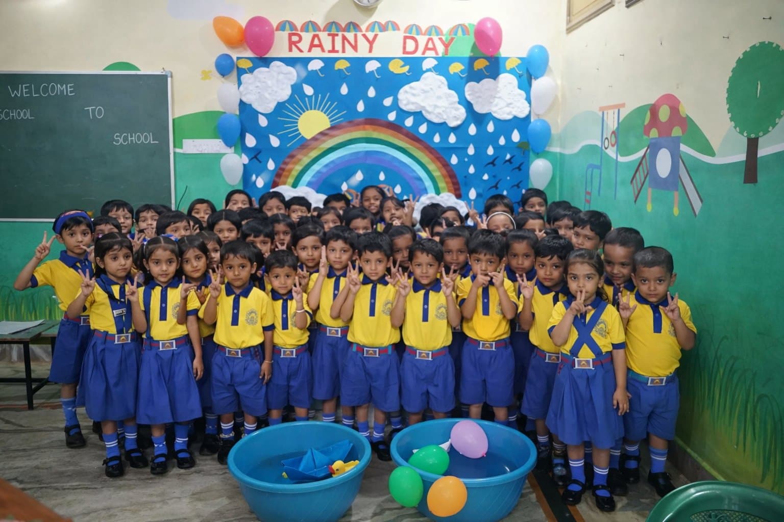 Rainy Day assembly — joyful smiles in yellow and blue